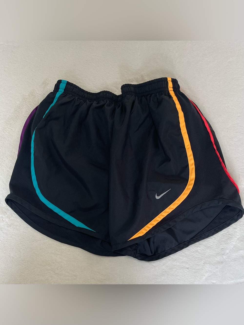 Nike Women XS Black Tempo Running Shorts Multicolor Rainbow Neon Grid Mesh Trim